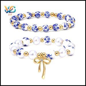 Stretch Ceramic Bead Bracelet Stackable Bangle 7 Inch Wrist